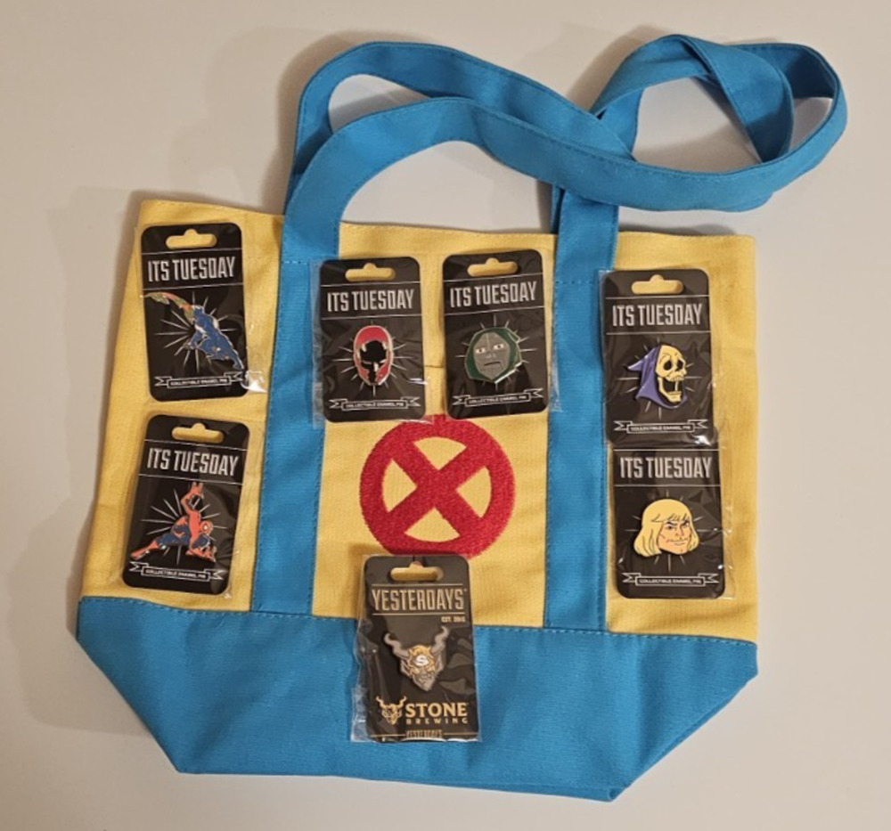 Yesterday's Stone Brewing 30th and SDCC26 Tues Exclusive Pins And X-Men Tote